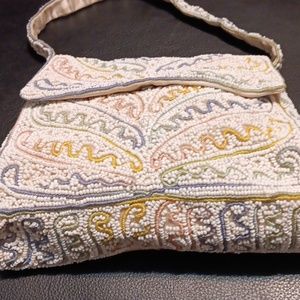 1920’s Antique Beaded AB emblem,  Evening Purse, wonderful satin interior